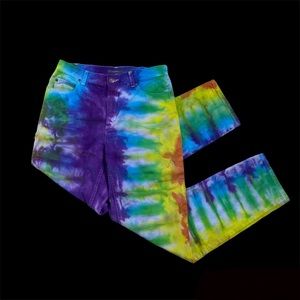 Tie Dye Upcycled Hand Dyed Rainbow Vertical Accordion High Waisted Jeans Size 8